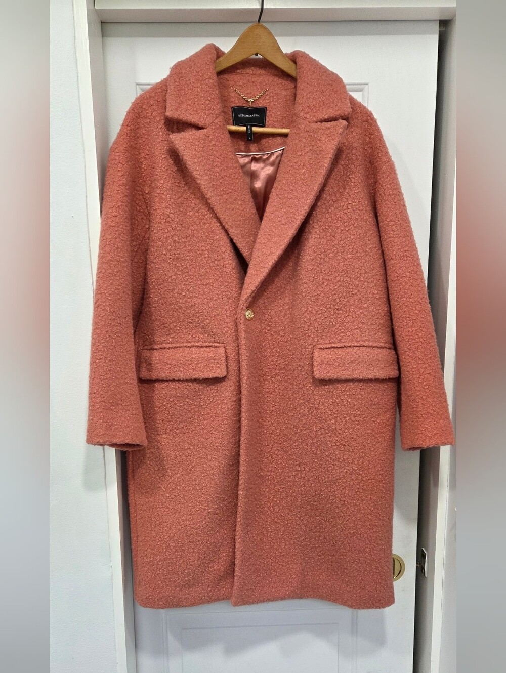 BCBG Pink Boucle Long Pea Coat Goldtone Buttons Size Large